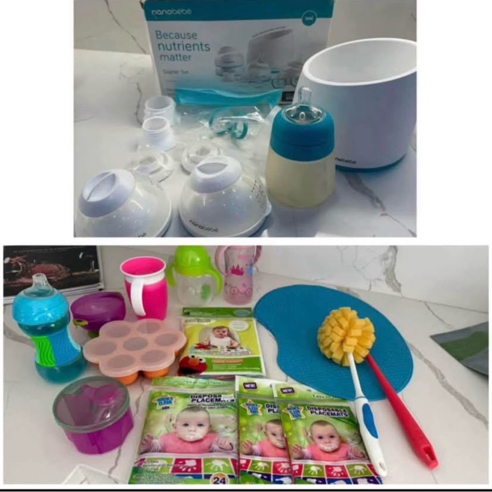 Nanobebe infant bottle set with extras: placemat, sippy cups, formula containers